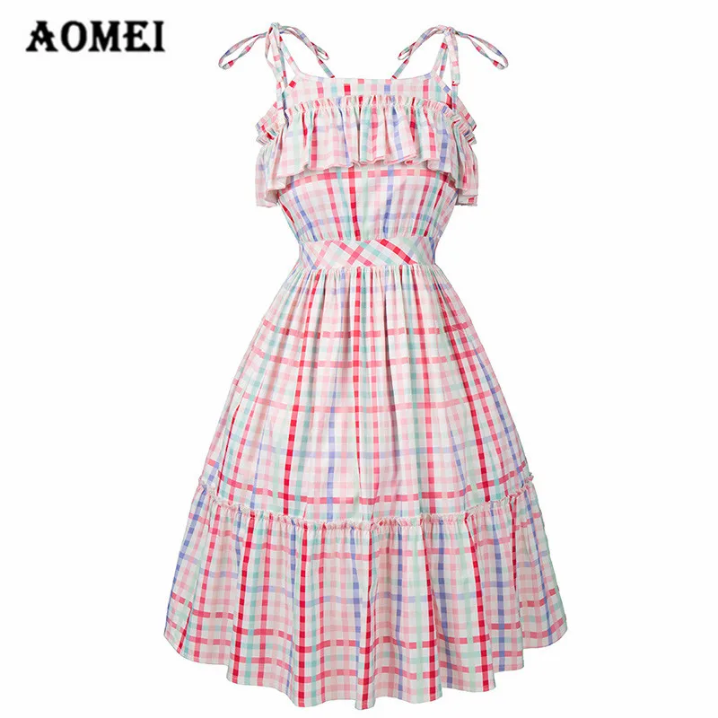 

Women Pink Gingham Dress Spaghetti Strap Retro Plaid Tube Top Midi Dresses Girls Swing Femme Robes Printed Summer Fashion Tunic