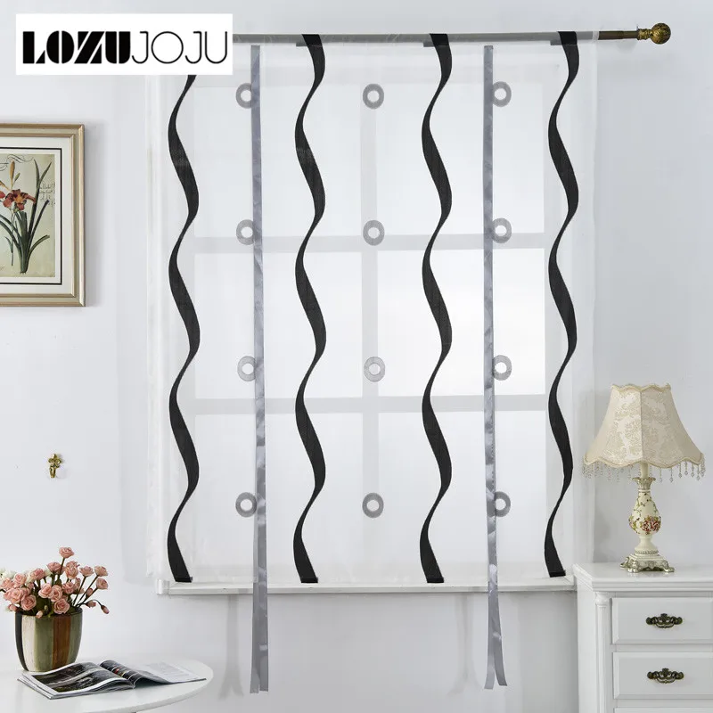 

LOZUJOJU Curtains sheer transparent tulle treatment jacquard Kitchen black white roman kitchen curtains window panel short door