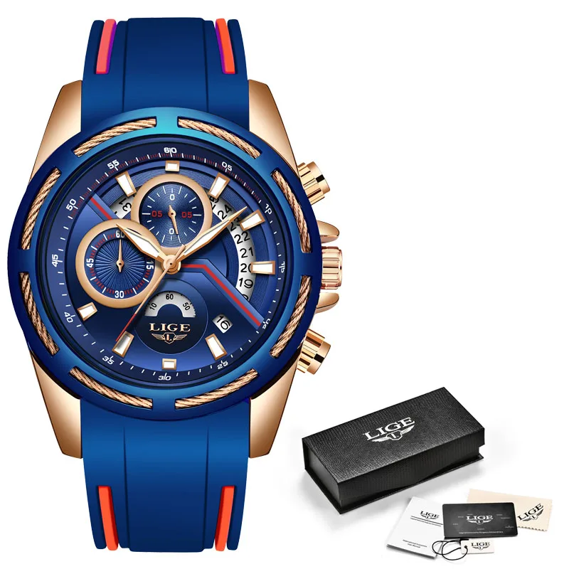 Rose gold blue Relogio Masculino LIGE мужские часы с силиконовым ремешком Топ бренд класса люкс водонепроницаемые спортивные часы с хронографом золотые кварцевые наручные часы+ коробка - Цвет: Rose gold blue