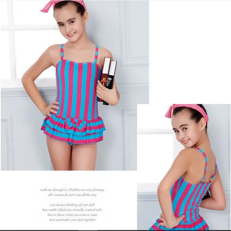 Funfeliz/слитный купальник для девочек; купальный костюм в полоску с юбкой; купальный костюм для девочек-подростков; детский купальный костюм; От 7 до 15 лет
