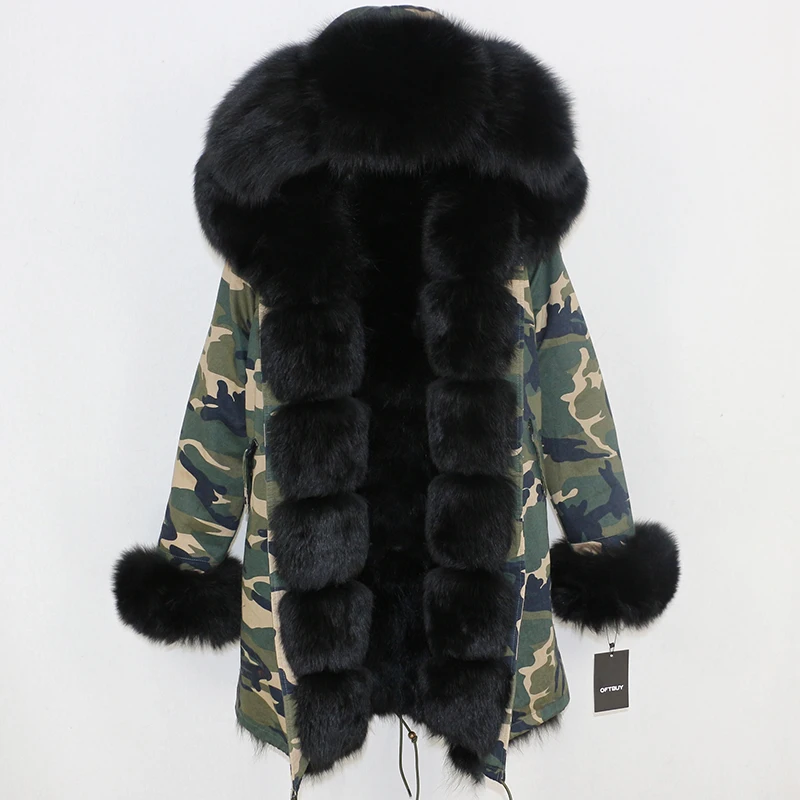 camo black OFTBUY, пальто с натуральным мехом, зимняя куртка, Женская парка, натуральный Лисий мех, уличная одежда, Толстая теплая съемная верхняя одежда, длинные парки, новинка - Цвет: camo black