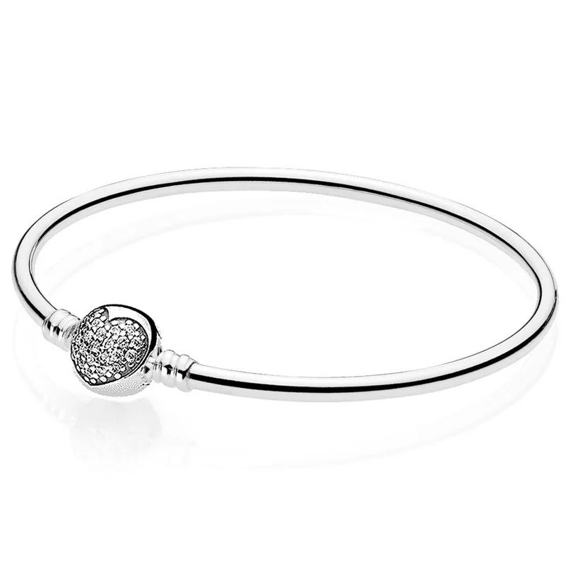 

New Pave Love Heart Circular Clasp Clip Suitable Bracelet Fit Women Bead Charm DIY Pandora Jewelry 925 Sterling Silver Bangle