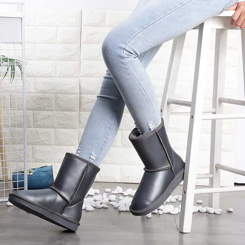 MIYAGINA/высококачественные классические зимние ботинки из натуральной воловьей кожи в австралийском стиле; женские ботинки; теплая зимняя обувь для женщин - Цвет: Grey