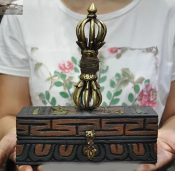 

Christmas Old Tibet Tantra Tibetan Buddhism Bronze Dorje Vajra phurpa FaQi Wood Base Set New Year
