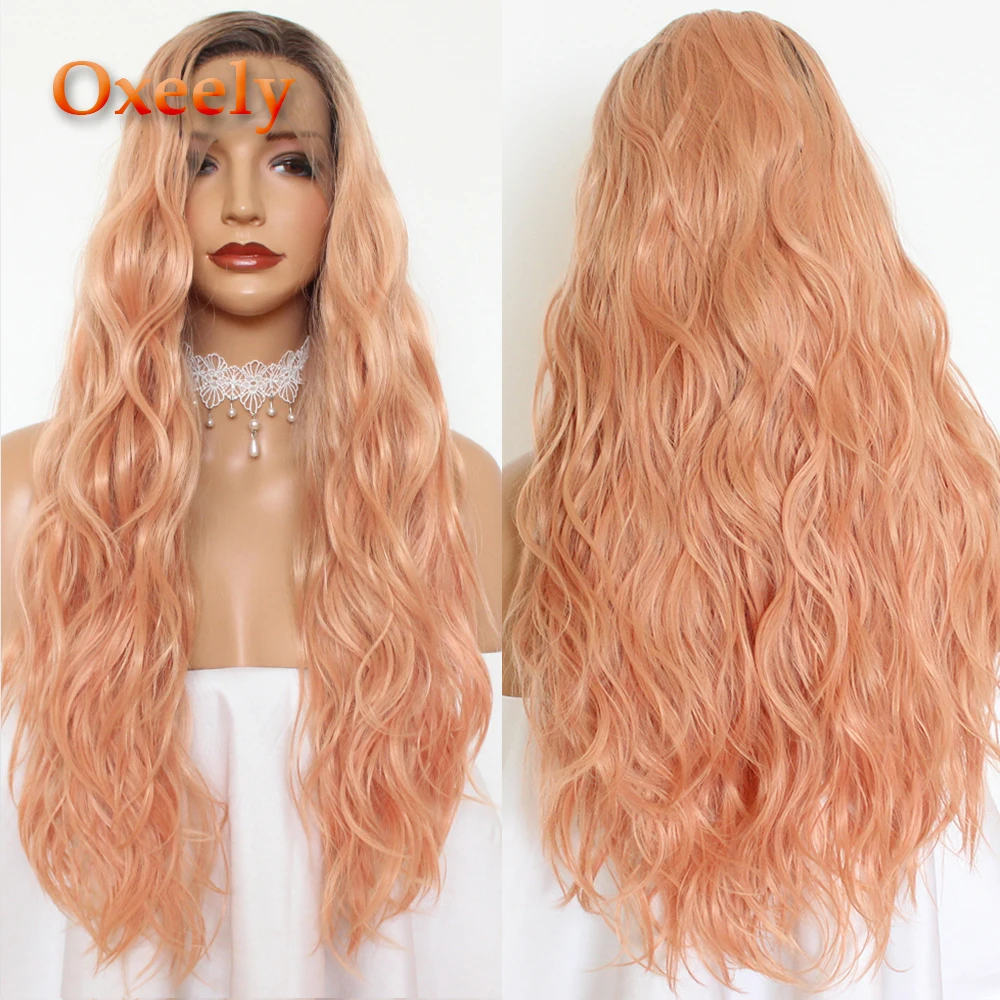 

Oxeely Loose Wave Hair Orange Pink Color Lace Front Wigs Heat Resistant Natural Long Wavy Synthetic Lace Front Wigs for Women