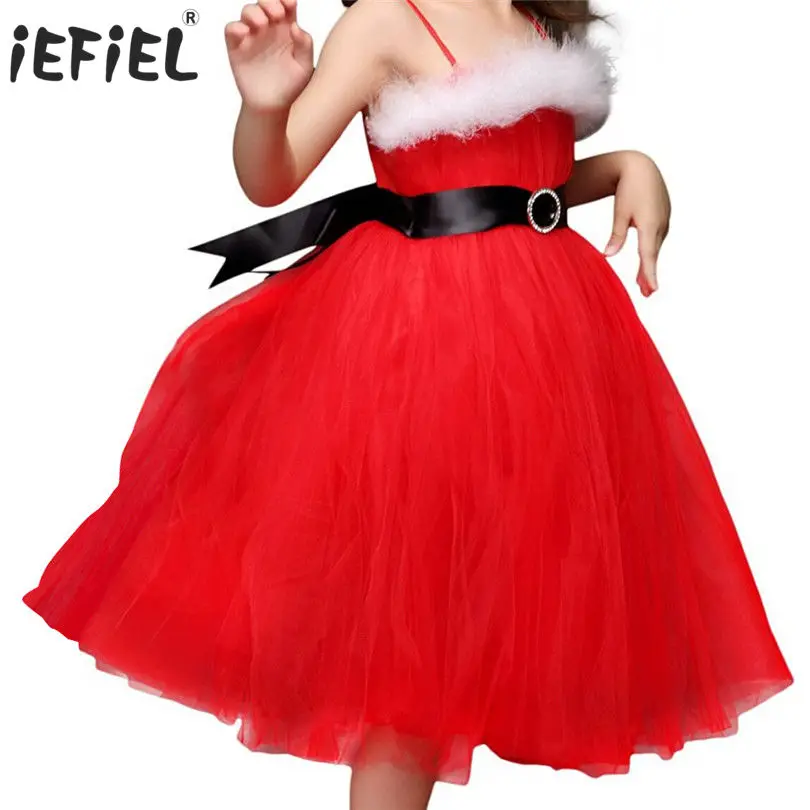 

New Christmas Santa Clause Dress Red Girls Braces Tutu Tulle Lace Party Princess Bridesmaid Wedding Birthday Party Dress SZ 2-8