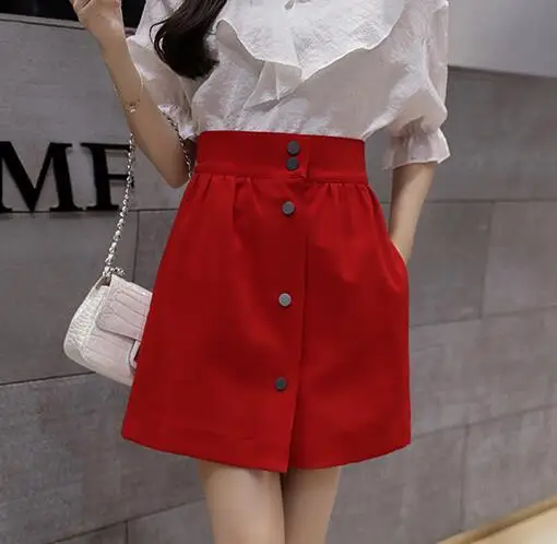 Женские юбки трапециевидной формы с высокой талией, элегантные офисные женские летние, тонкие однотонные белые юбки, красные, черные короткие однобортные юбки - Цвет: Red