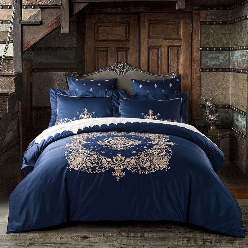 Waliicorners 60SEgyptian Cotton Embroidered Luxury Royal Bedding Set 4/6Pcs King Queen Size Duvet Cover Bed Sheet set Decorative Pillowcases 62 6