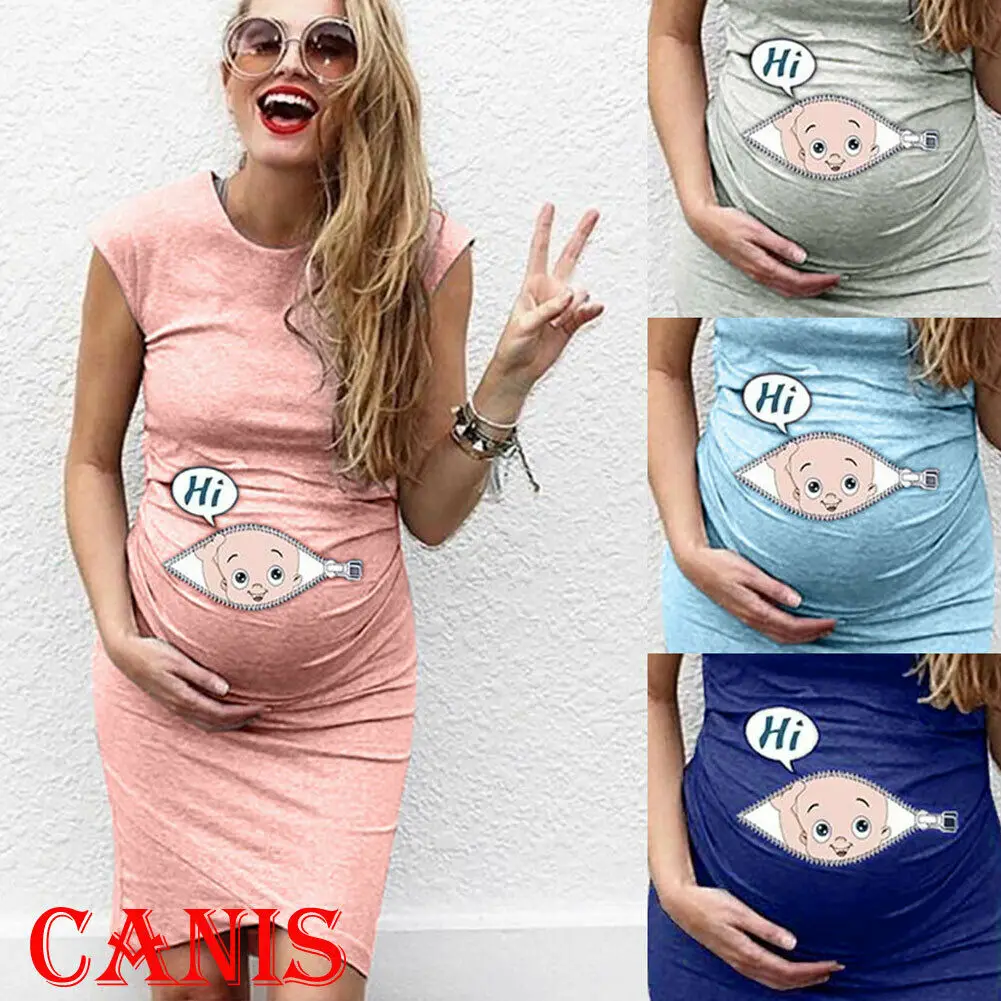 

2019 Newest Hot Plus Size Womens Creative Print Elastic Pregnant Dress Summer Sleeveless Maternity Stretch Bodycon Dress