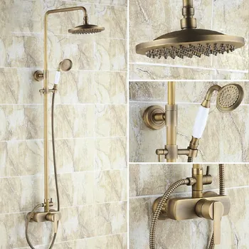 

Vintage Retro Antique Brass Single Handle Lever Bathroom 8 Inch Round Rain Shower Faucet Set Mixer Tap Hand Shower mrs176