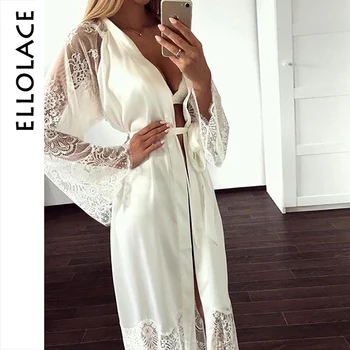 

Ellolace Sleepwear Lace Nightgowns Women Long Sleeve Sexy Silk Nighty Large Home Clothing With Belt Robe Sets Nightie Wholesale