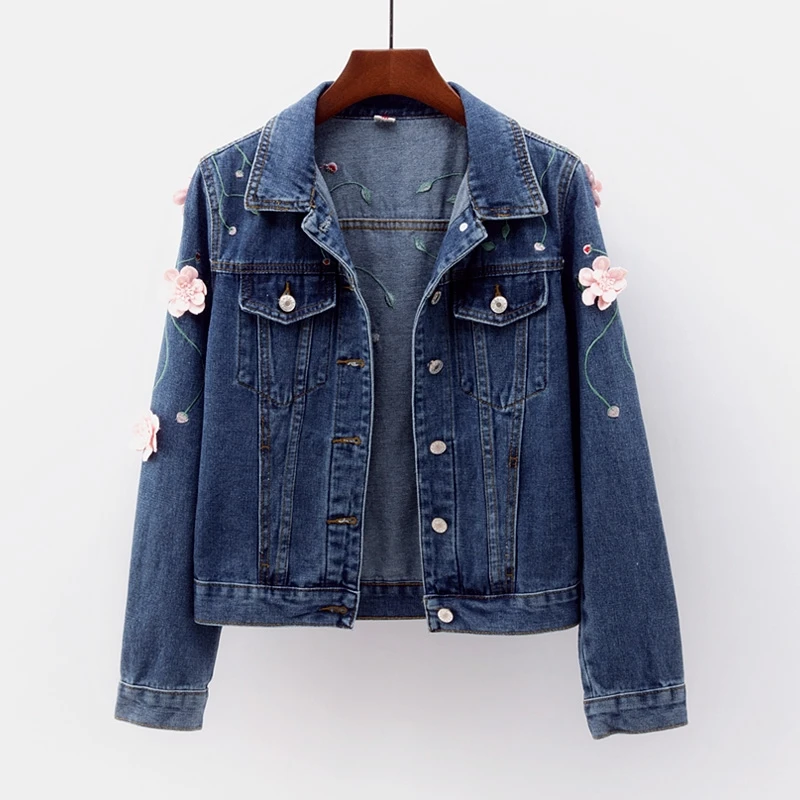 Greatest  Spring embroidery Denim Jacket For Women Long Sleeve Turn down Collar Slim Jeans Jacket Women Plus 