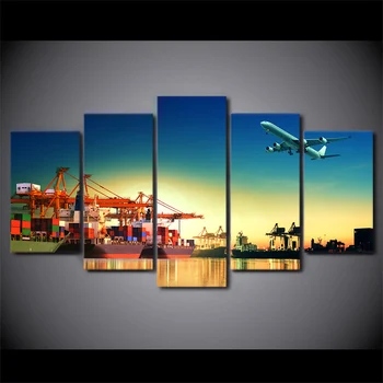 

5 Pcs/Set Airplane Sunset Port Abstract HD Printed Picture Wall Art Canvas Print Room Decor Poster Framed Canvas Painting