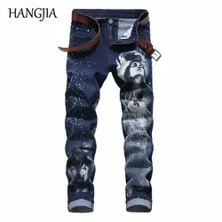 Мужские джинсы из денима печатная версия джинсы для мужчин модные 3D голова Волка узор хип хоп джинсовые брюки хип хоп мужские джинсы