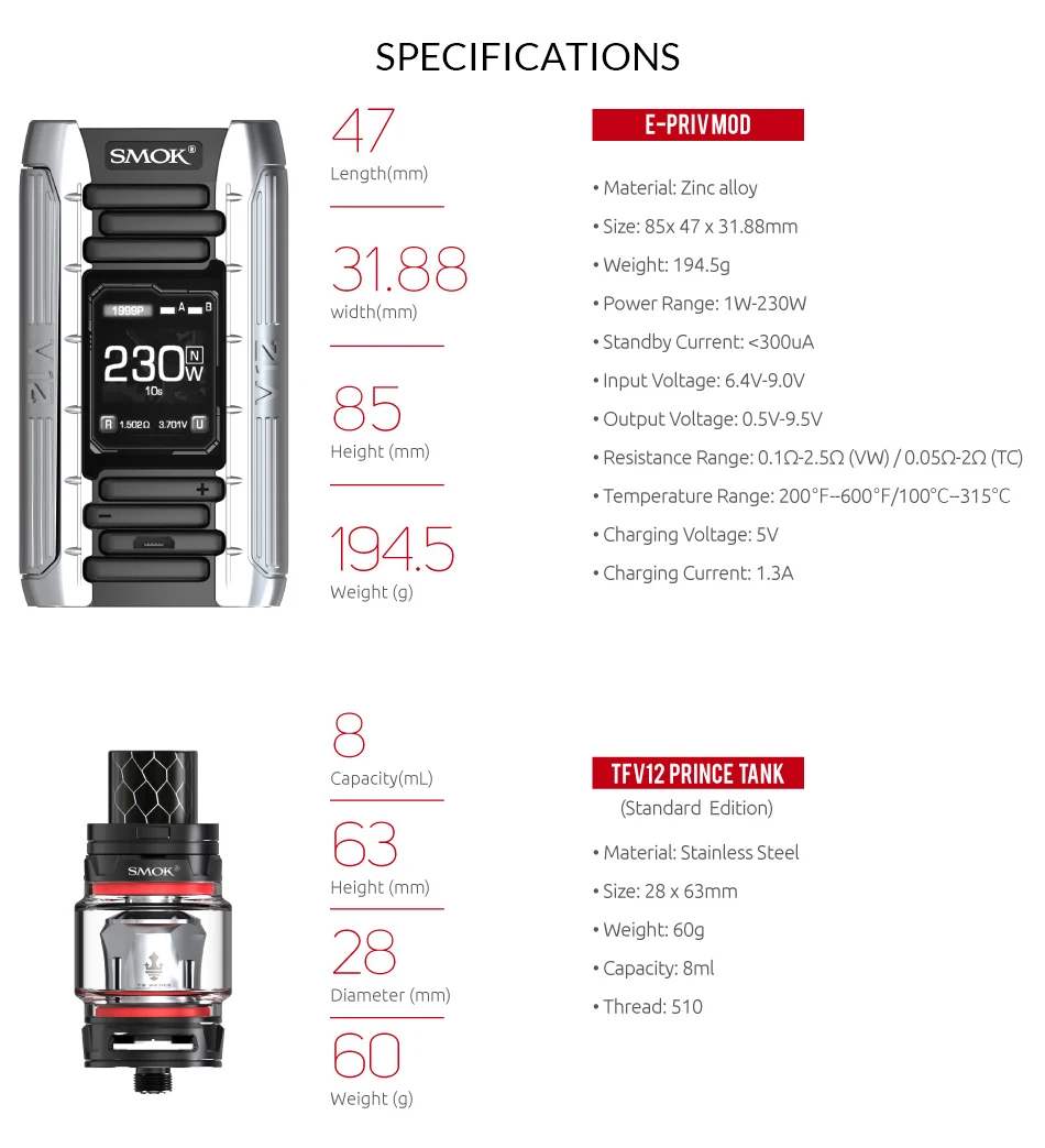 Original SMOK E-Priv Kit 230W with TFV12 Prince Tank 8ml+Mesh Coils For e-cigarette smok e priv vape kit Original SMOK E-Priv Kit 230W with TFV12 Prince Tank 8ml+Mesh Coils For e-cigarette smok e priv vape kit