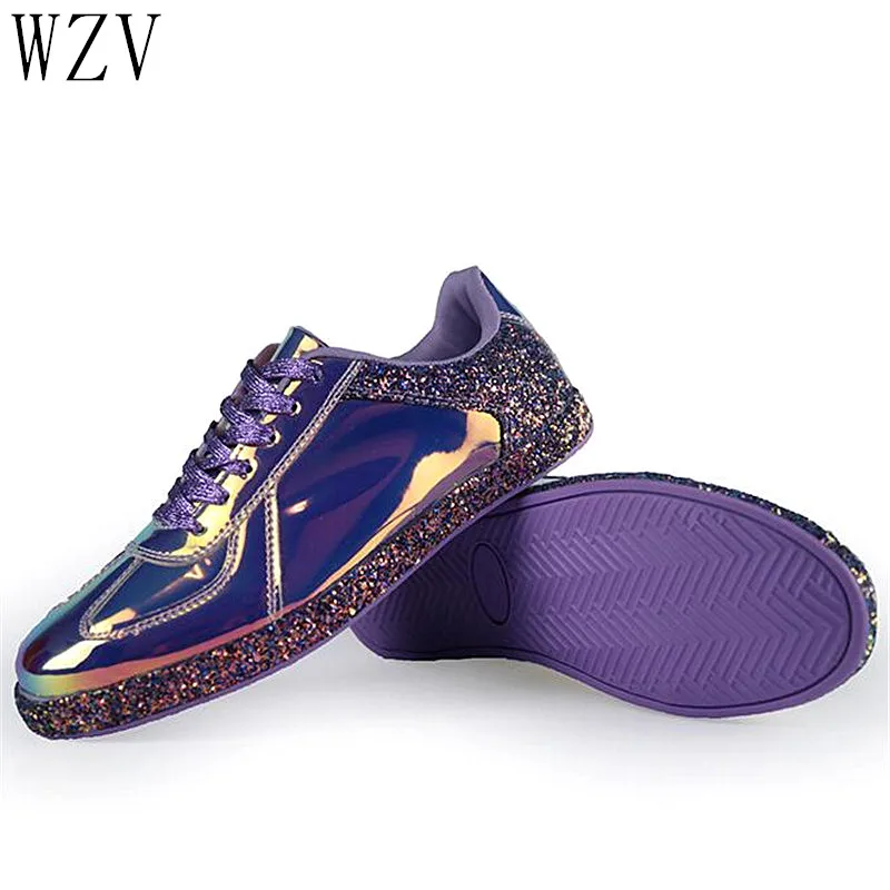 

Fashion 2019 Women Casual Shoes Women Vulcanized Sneakers Sequin Leather Women Lace-up Board Shoes Ladies Flats Shoes H161
