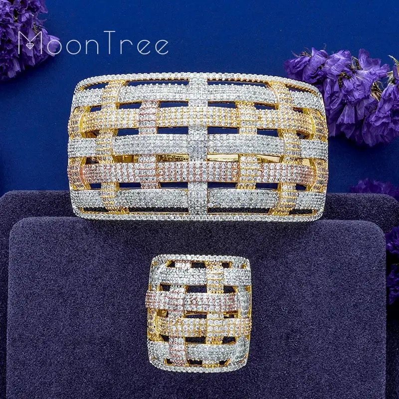 

MoonTree Luxury Weaving Full Micro Cubic Zirconia 3 Tone Color Copper Women Wedding Engagement Earring Ring Jewelry Set