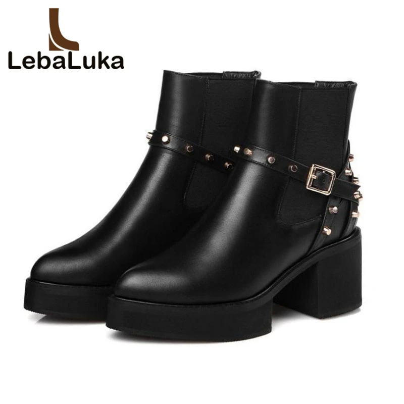 

LebaLuka Real Leather Women Ankle Boots Fashion Rivet Buckle Solid Color Winter Boots Trend Pointed Toe Women Shoes Size 34-39