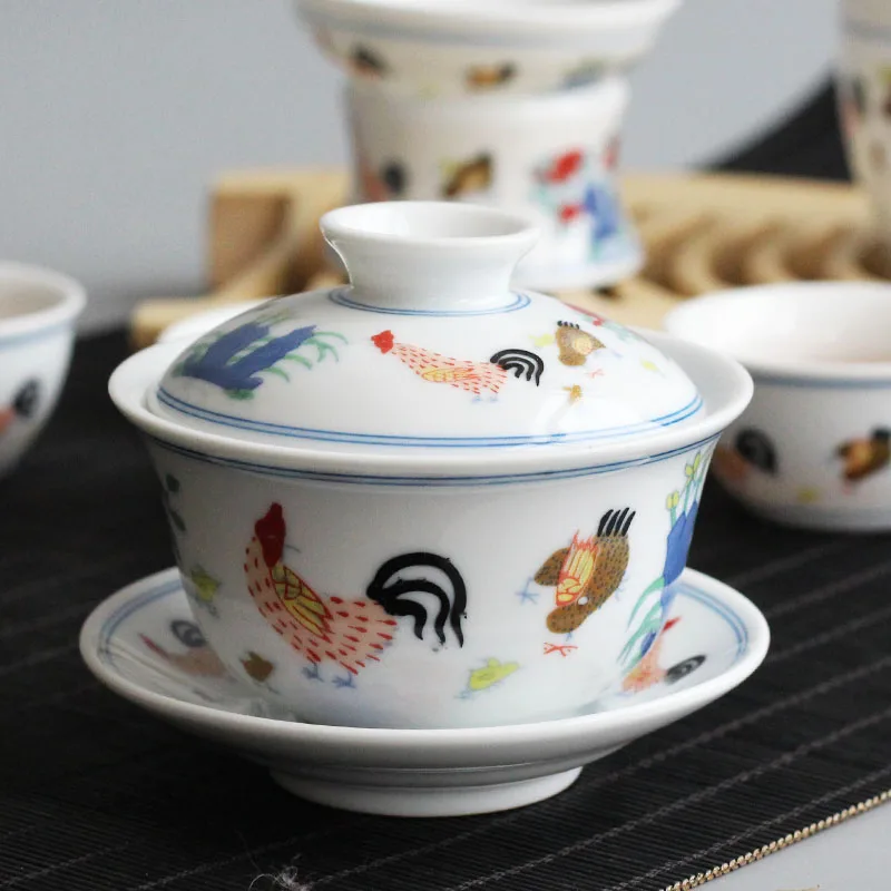 

free shipping!!!Colorful chicken Kungfu tea set Antique ceramic teaset color Daming Chenghua chicken cylinder cup Gaiwan tea Cup