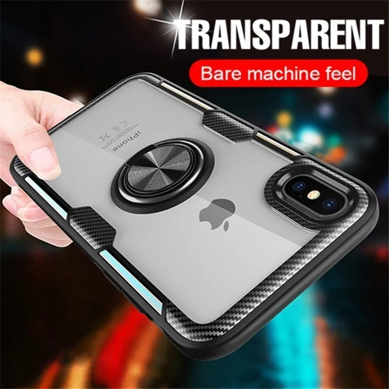Luxury Clear Armor Phone Case for iPhone X XS MAX XR 7 8 6 S 6S Plus Magnetic Finger Ring Holder 360 Rotational Car Cover |