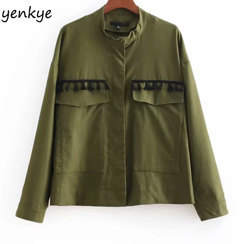 

European Style Women Tassel Trims Linen Jacket Lady Stand Collar Long Sleeve Big Pockets Army Green Jacket Plus Size CCWM8713