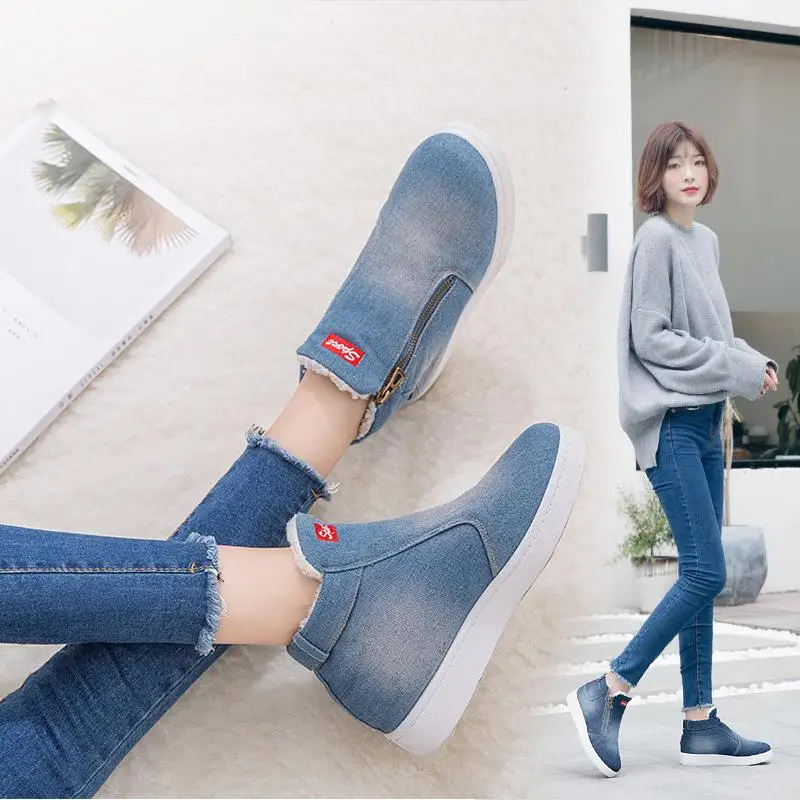 Женская Повседневная обувь из хлопка; женские зимние ботинки из джинсовой ткани на плоской подошве; зимняя теплая обувь на меху в Корейском стиле; большие размеры