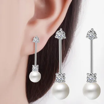 

Simple Classic women wedding Plata color Earrings jewelry Pearl Earrings with shine CZ 8-9mm Natural Pearl accessory