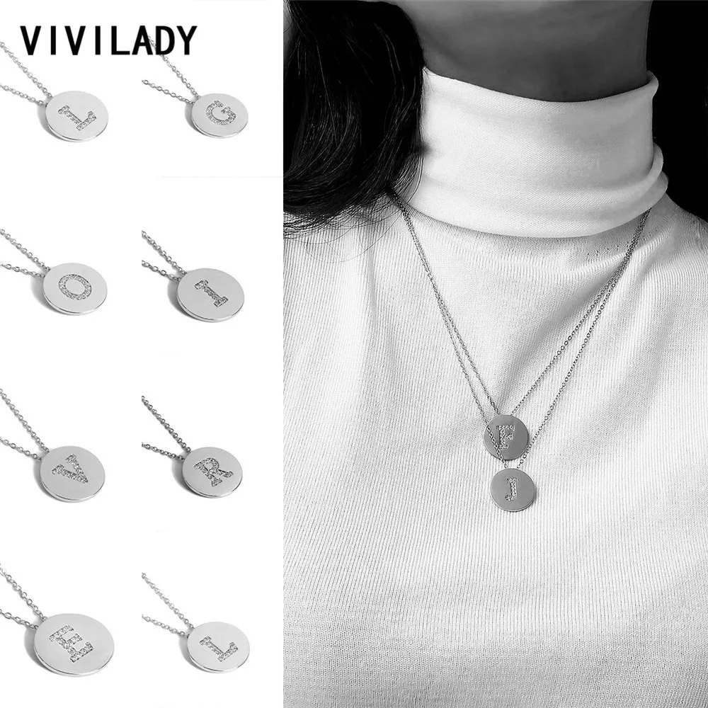 

VIVILAD Minimalist Style English Letter Round New Pendant Necklace Imitation Crystal Jewelry Silver Color Dangle For Lady