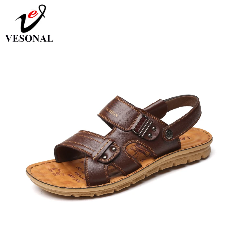 

VESONAL 2019 Summer Classic Genuine Leather Shoes Men Sandals For Male Casual Mature New Walking Beach Sandalias Sandal DJ6618