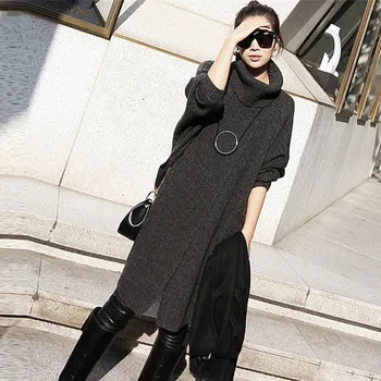 

XUXI 2019 Autumn High Collar Long Sleeve Head Sweater Woman Vent Overknee Lazy Loose Coat Streetwear Turtleneck FZ646