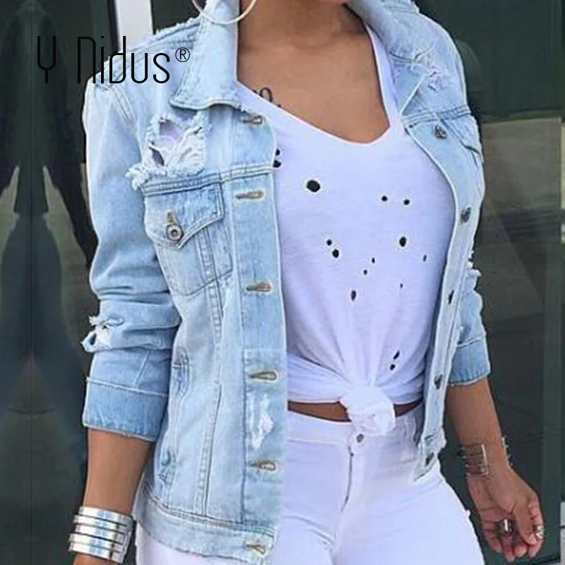

Y Nidus Women Denim Jacket Hole Jean Jackets 2019 Loose Vintage Female Button Coat Pocket ladies Harajuku Jacket Streetwear 5XL