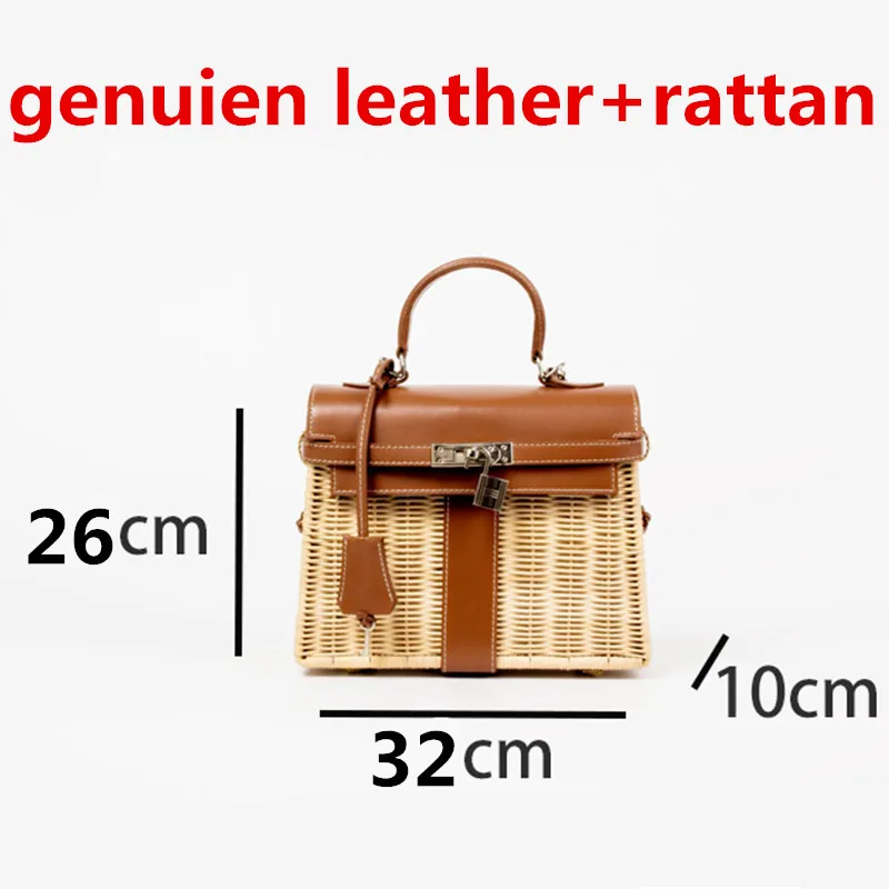 

Genuine Leather with High-grade Imported Rattan Woven Bag, Handmade Straw Tote Bags Messenger Bag Handbag Beach Bag Vacation Bag