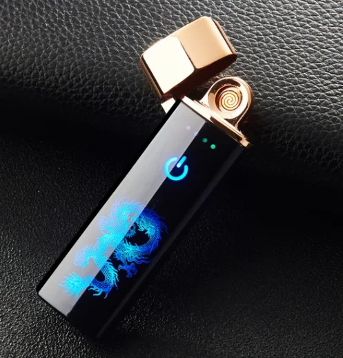 USB Зажигалка для сигарет для курения Электронная Turbo Tugsten изогнутая полноэкранная перезаряжаемая WilndProof гравировка имени - Цвет: gold dragon