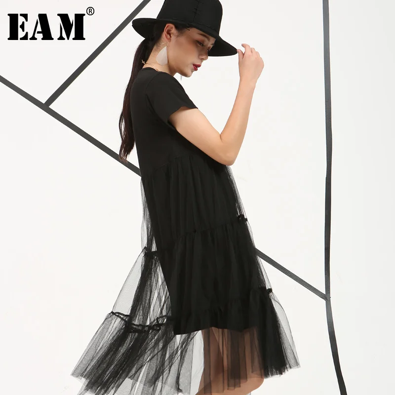 

[EAM] 2019 Spring Fashion New Style Loose Fake Two Short-sleeved Lace Straight Dress Slim Net Yarn Luscious Big Size Women B336