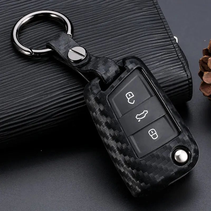 2019 New Carbon Fiber Silica Gel Car Key Case Cover Holder Key Chain Ring For VW Golf-7 Tiguan-L POLO Accessories Car-styling