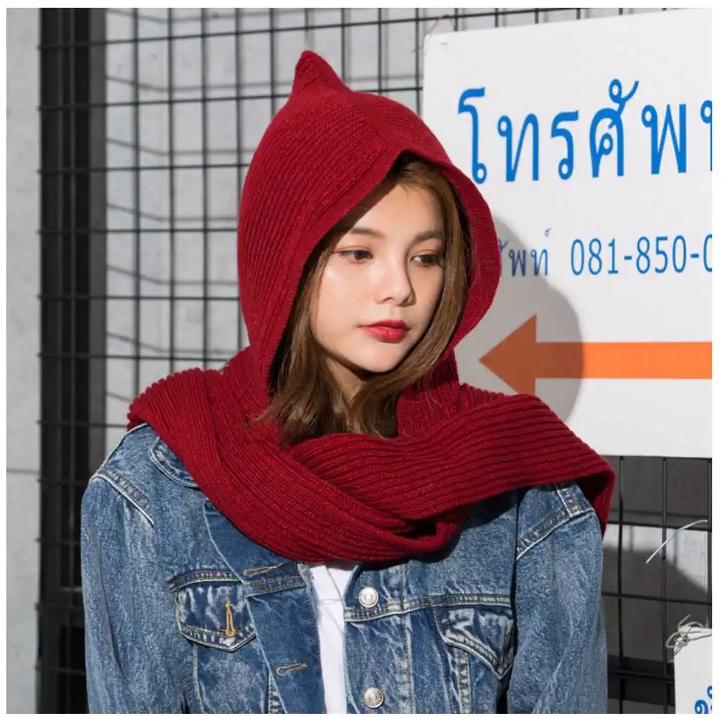 2018 Brand Design Women's Hooded Scarf Winter Wool Knitted Earflap Hats Snood Wraps Solid Crochet Scarves and Hat for Girl