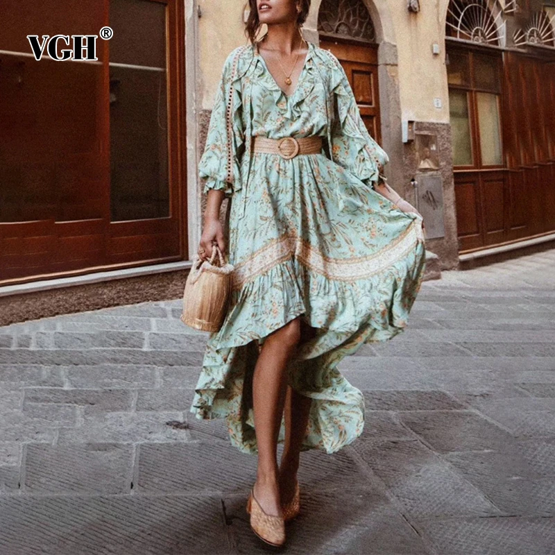 

VGH Print Ruffles Dress Female Lantern Sleeve High Waist With Sashes Autumn Vintage Hem Irregular Dresses For Women Fashion New