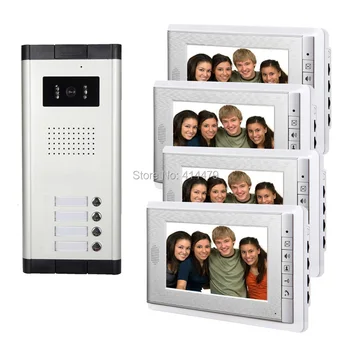 

4 Units Apartment Intercom Entry System Wired 7'' Monitor Audio Video Door Phone Bell
