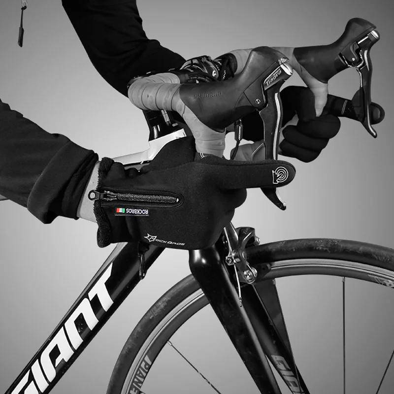 ROCKBROS Зимние флисовые тепловые велосипедные перчатки для велоспорта, перчатки для сенсорного экрана телефона, ветрозащитные теплые перчатки для горного велосипеда