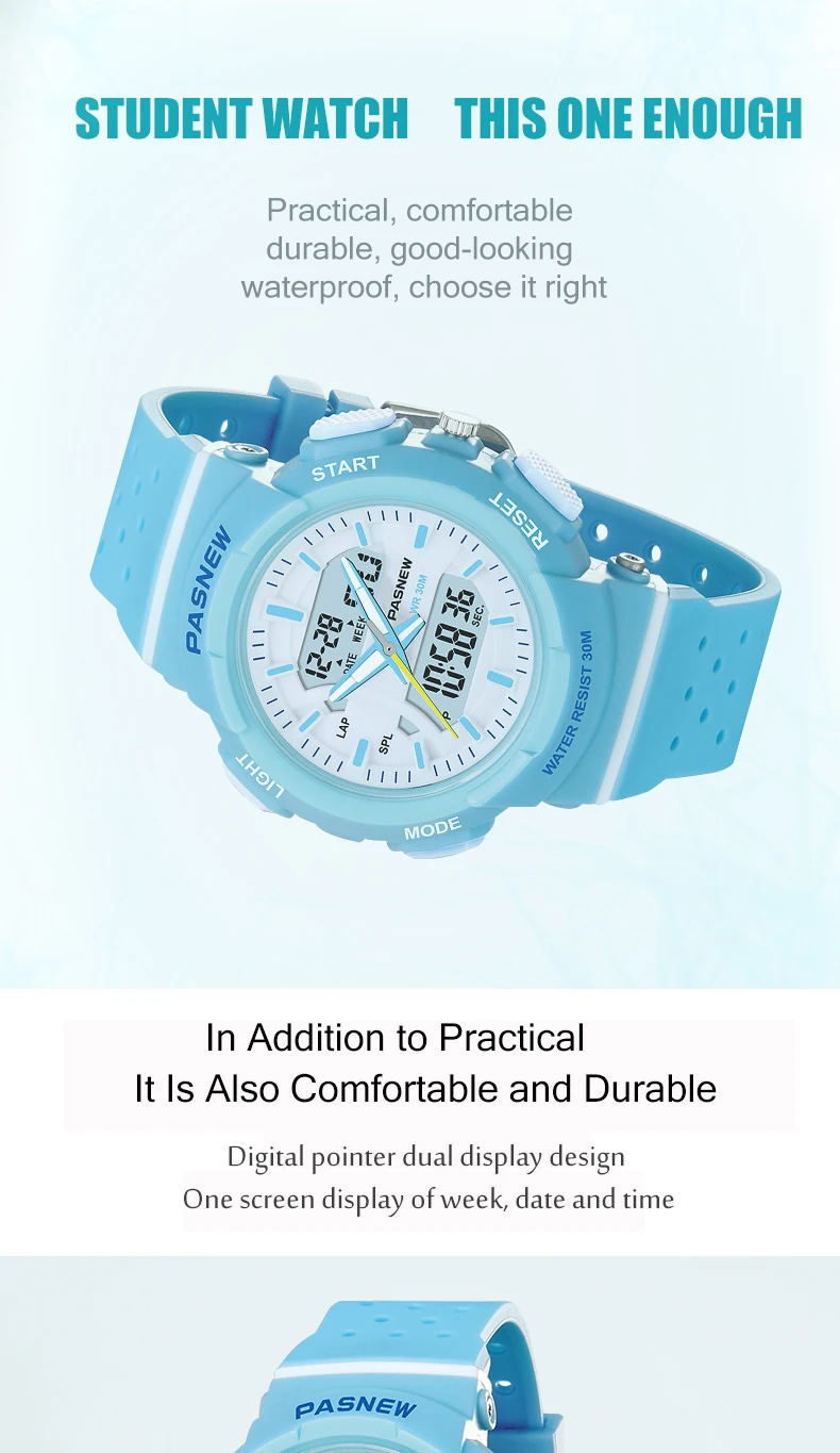 PASNEW аналоговые цифровые часы с японским механизмом для подростков повседневные модные водонепроницаемые спортивные наручные часы 30 м PSE-470