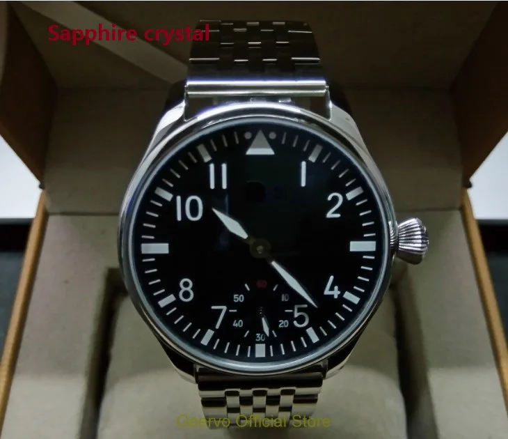

Sapphire crystal 44mm GEERVO black dial Asian 6497 17 jewels Mechanical Hand Wind movement men's watch green luminous 075A