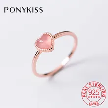 PONYKISS Romantic 925 Sterling Silver Pink Heart Opal Resizable Opening Ring For Women Party Holiday Delicate Jewelry Gift