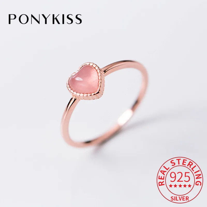 

PONYKISS Romantic 100% 925 Sterling Silver Pink Heart Opal Resizable Opening Ring For Women Party Holiday Delicate Jewelry Gift