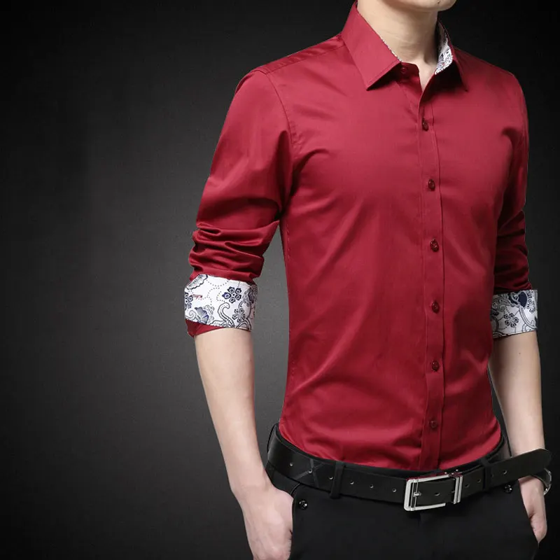Модная рубашка в стиле пэчворк с цветочным рисунком для мужчин, осенняя новая Офисная Рабочая Рубашка с длинными рукавами мужские повседневные приталенные хлопчатобумажная сорочка Homme - Цвет: Red