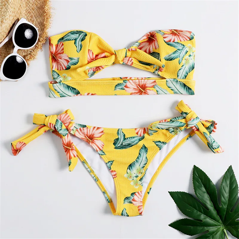 

2019 New Style Yellow Print Bikini Set Seamless Woman Sexy Push Up Two Piece Swimsuit Female Low Waist Swimwear Beachwear