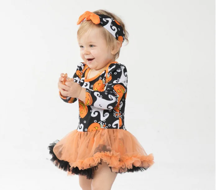 Череп Тыква оранжевая юбка-пачка для маленьких Хэллоуин костюмы с длинным рукавом для девочек; Платье-комбинезон спортивный комбинезон Головные уборы Macacao Bebe Одежда для новорожденных