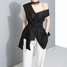 2019 Spring and summer new style Tie with big bow top Irregular sloping shoulder top Korean version of the off-shoulder top light grey off the shoulder top