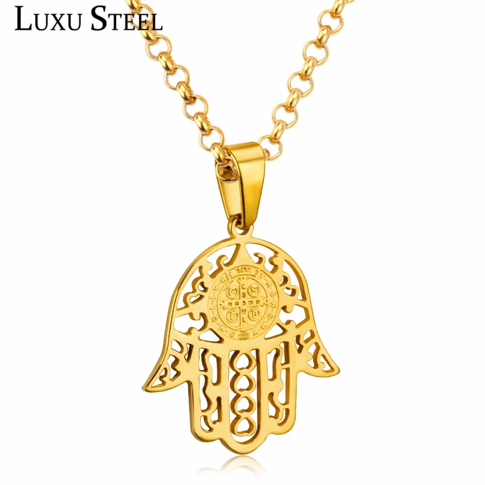 

LUXUSTEEL Hamsa Lucky Hand Shape Pendant Necklace Bijoux Female Cuban Link Chain Jewelry Collier Wholesale Accessories