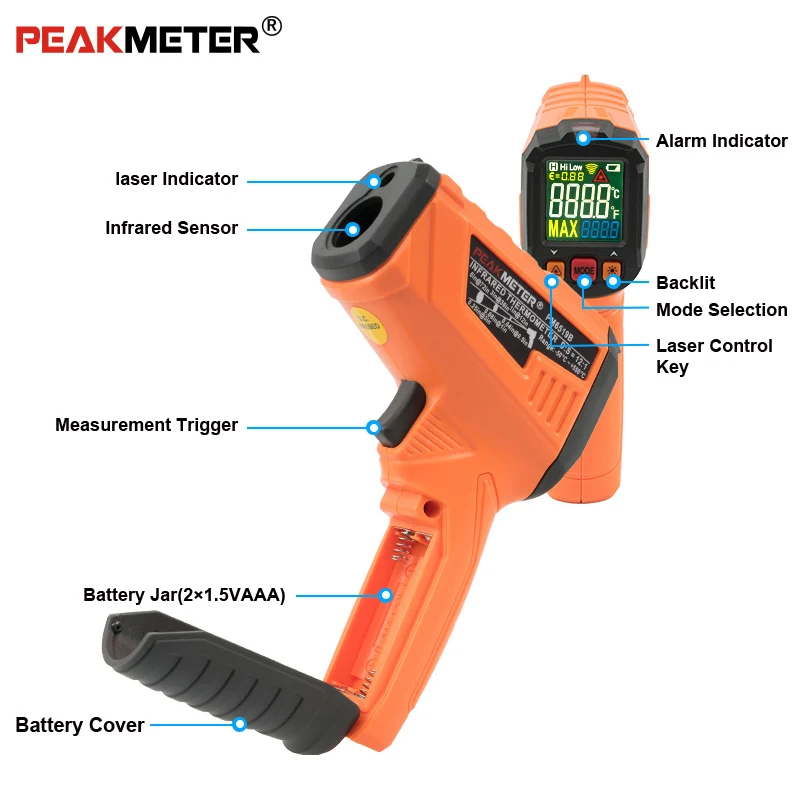 Бесконтактный лазерный инфракрасный термометр, PM6519 пистолет ИК измеритель температуры с ЖК-цифровым дисплеем-26~ 986F пирометр