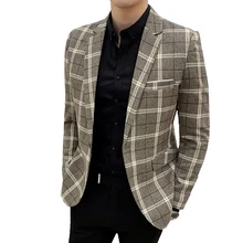 Клетчатые мужские блейзеры, весенне-осенние блейзеры в английском стиле, приталенные деловые повседневные блейзеры, мужские клетчатые нарядные пиджаки, пиджаки